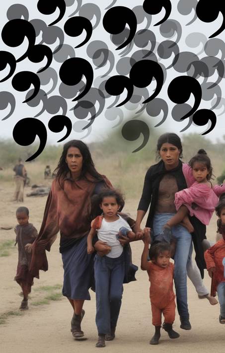 women and child flee commas