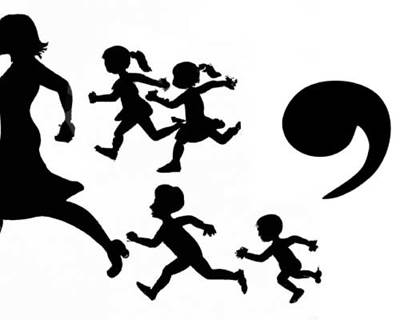 women and child flee commas